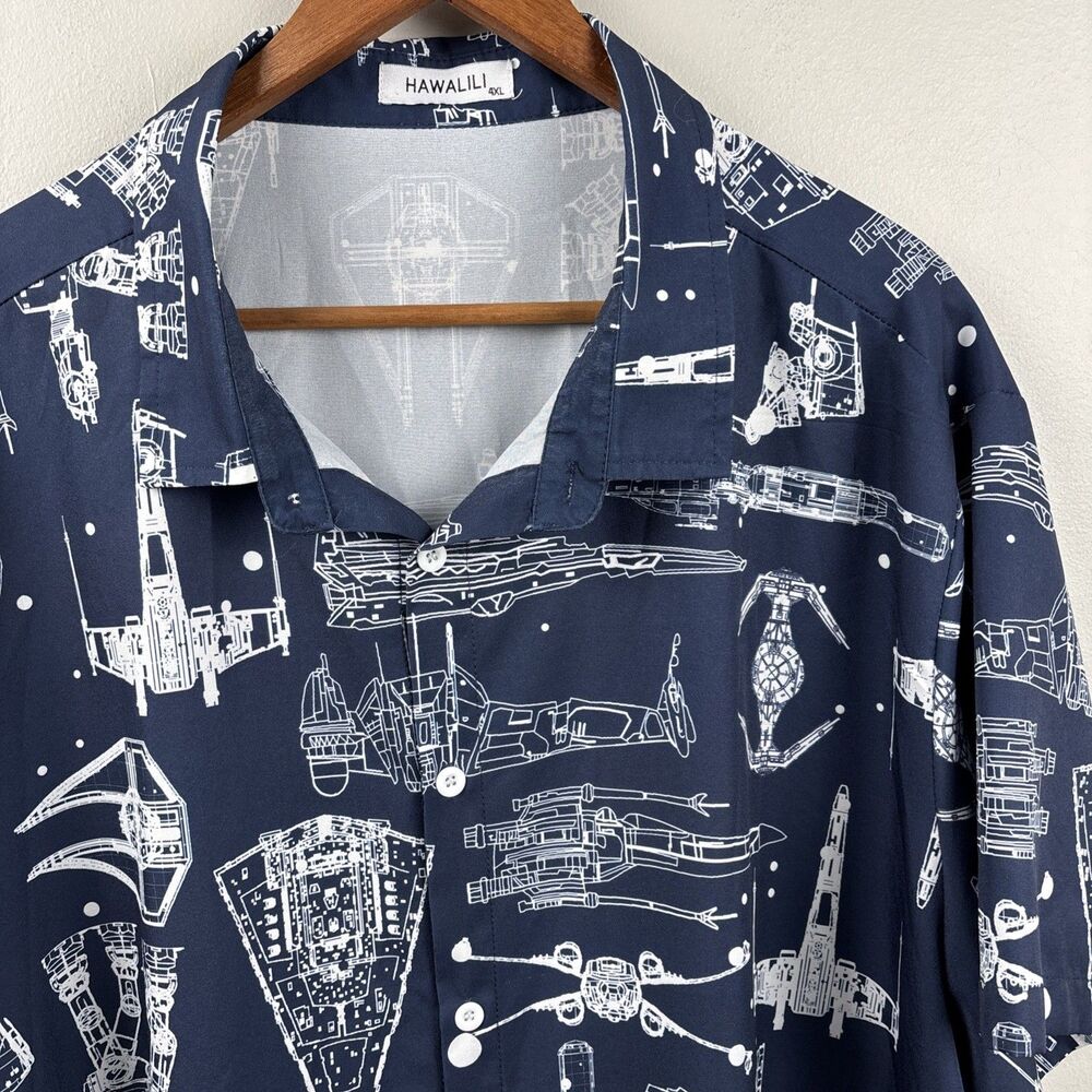 Star Wars Navy Button-Up Shirt with White Starship Blueprints